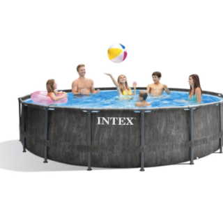 Piscina Estructural Redonda INTEX Prism Frame Greywood Premium, 457 x 122 cm, 16.805L, con Bomba, Escalera, Cobertor y Tapiz